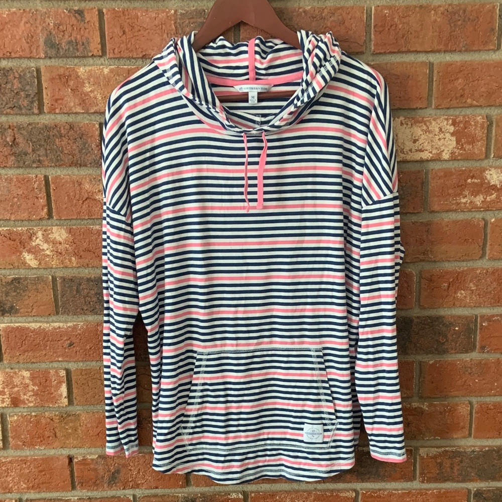 Southern Tide Navy and Pink Striped Cozy Hoodie Pullover - Picture 4 of 7